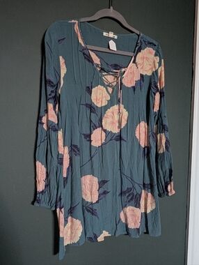 Billabong Women's Teal Floral Lace-Up Long Sleeve Tunic Blouse